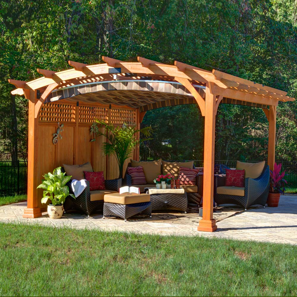 wooden arched pergola with privacy wall