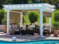 vinyl artisan pergola with curtains and canopy
