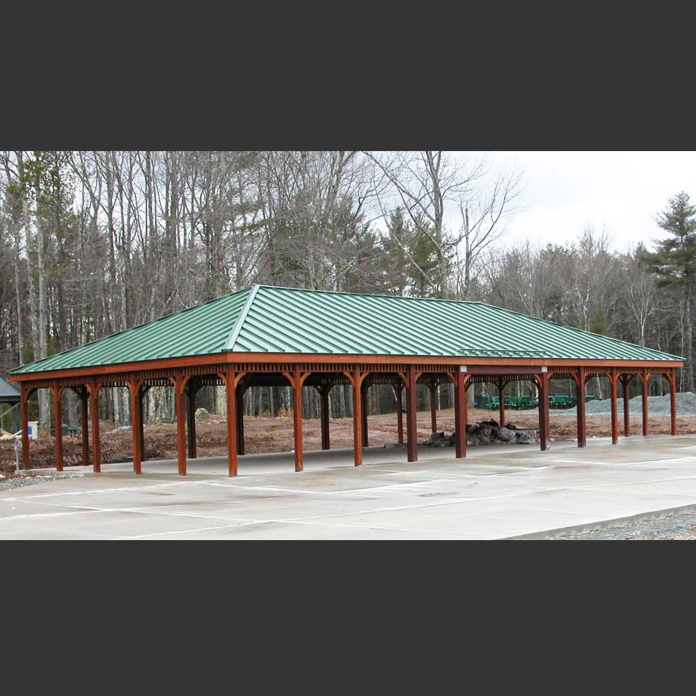 30 by 60 foot commercial gazebo with green metal roof