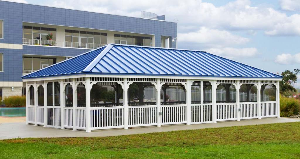 25 by 50 foot white rectangular gazebo with blue metal roof